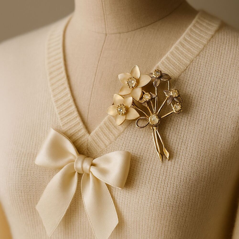 Vtg Gold-Tone Brooch With Mother Of Pearl Accents & Rhinestones Floral Design